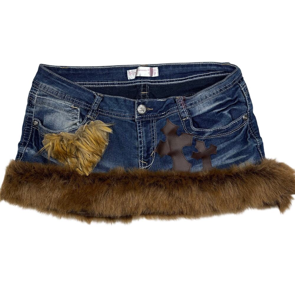 Custom No Boundaries Y2K Denim Mini Skirt Sz 15 Brown Faux Fur Trim Cross Patch